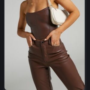 brown faux leather pants + top set NWT